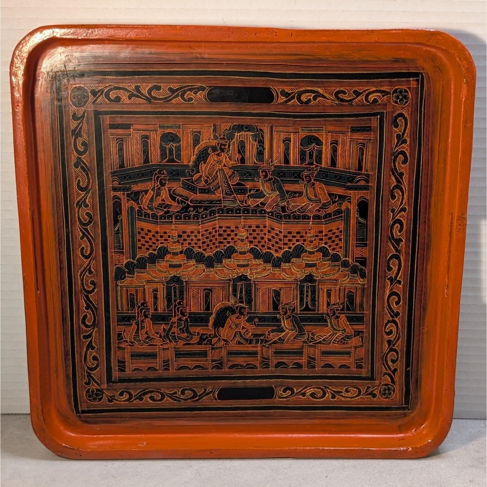 Vintage Burmese Burnt Orange Lacquer Square 11" Serving Platter Tray W/ Handles